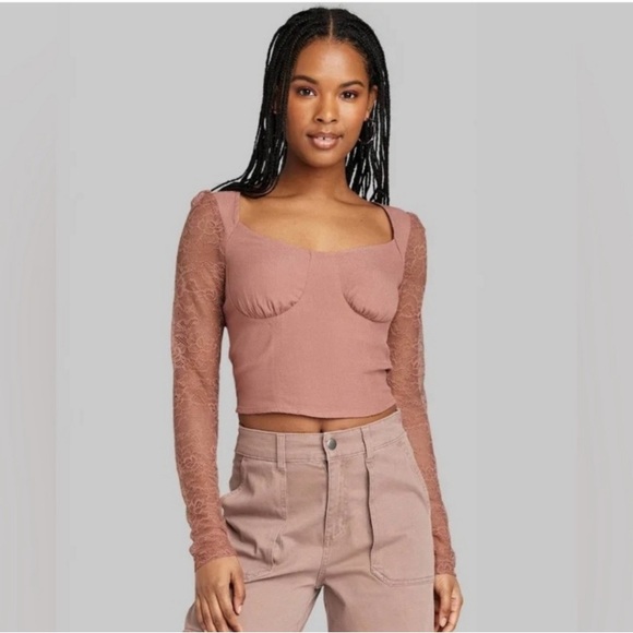 wild fable Tops - 5/$25 NWT Wild Fable Cropped Boho Lace Sleeve Shirt Square Neck Large Pink